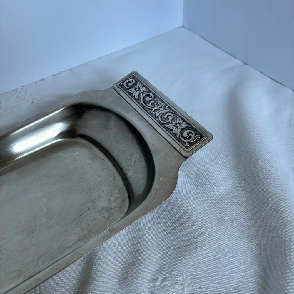 Vtg International Decorator Stainless Tray Floral Scroll Handle MCM Chic Retro
